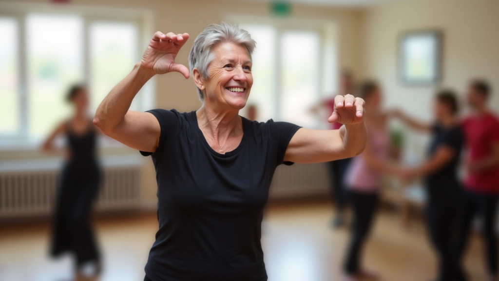 Dance instructor demonstrating salsa steps to retiree students in bright studio setting