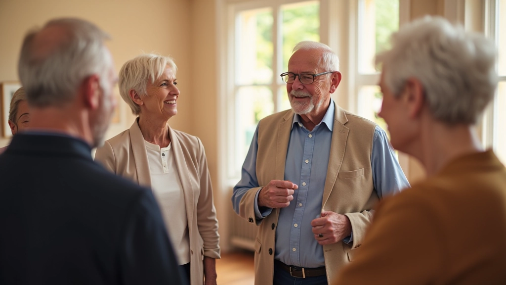 Group of active retirees socializing and laughing at community dance event
