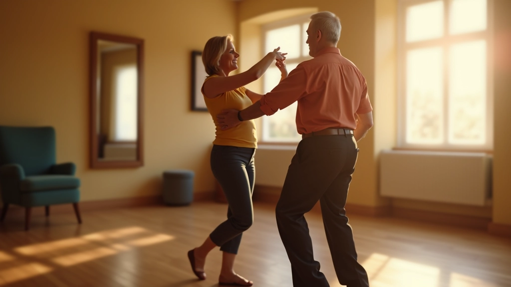 Mature couple practicing bachata steps in a bright dance studio with mirrors and natural light