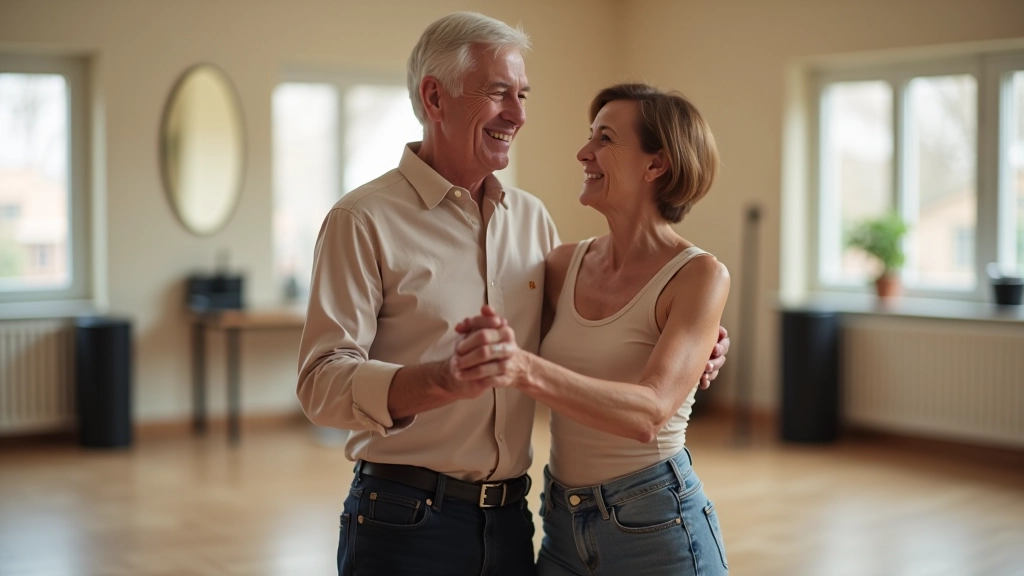 Mature dancers enjoying social dance event in bright dance studio with mirrors and music