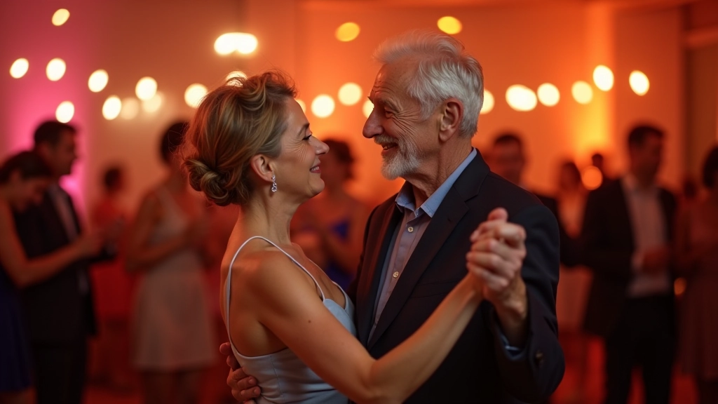 Senior man and woman dancing salsa at a community event with other couples in the background