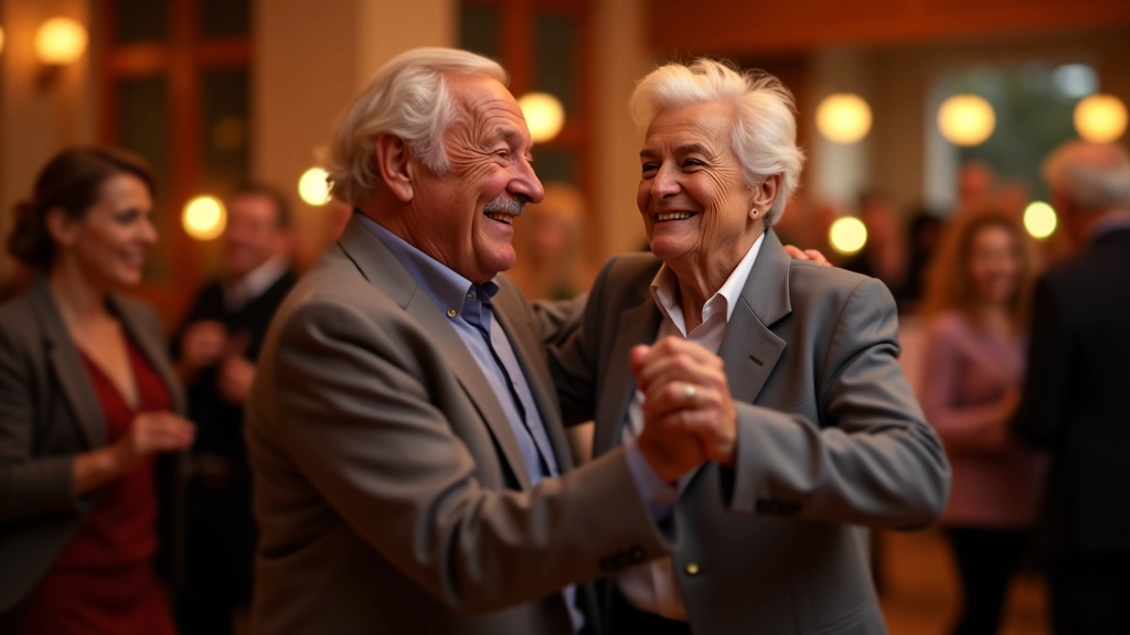 Retiree couple sharing a dance moment at social event with joyful expression and good frame