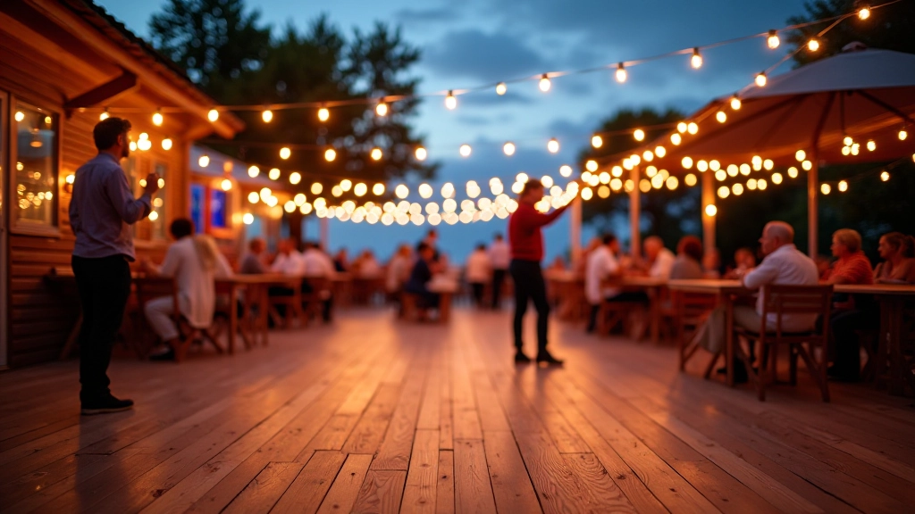 Pärnu seaside venue decorated for summer dance festival with string lights and wooden dance floor